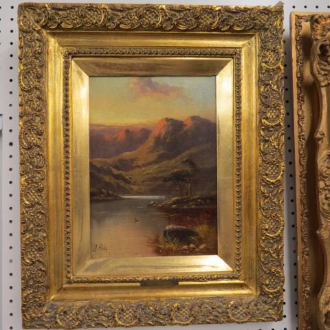 David Hicks, oil,: landscape with duck flying over a lake, mountains in distance, luministic sky, image area 10" x 15", on canvas, in fancy gilt frame, well listed artist.