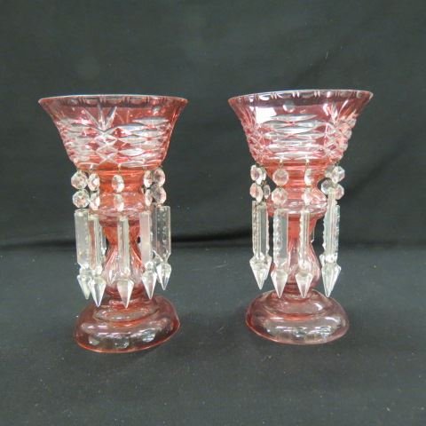 Pair of Cranberry Cut-to-Clear Mantle Lusters,: clear cut crystal prisms, 10 1/2", excellent.