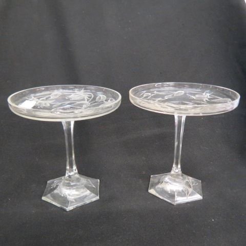 Pair of Intaglio Cut Glass Tazza,: elegant floral, hexagon base, 6 1/2", excellent.