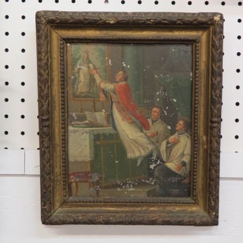 Italian Oil on Tin of St. Joseph of Cupertino,: late 18th or early 19th century, well done image area 8" x 9", in period frame, some flaking....St. Joseph was born at Cupertino, in the diocese of Nardo in the Kingdom of Naples, in 1603. After spend