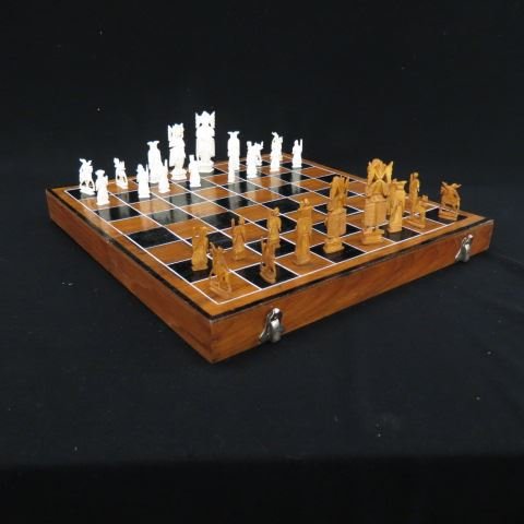 Chinese Carved Ivory Chess Set,: complete, figures 1 3/4" to 3 1/2".