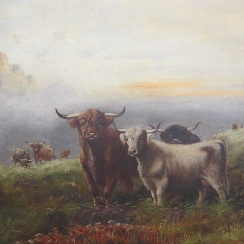 W.J. Crampton, oil, Scottish highland: cattle, image area 30" x 20" on canvas in ornate gold gilt frame.....William James Smith Crampton (1855 - 1935)
