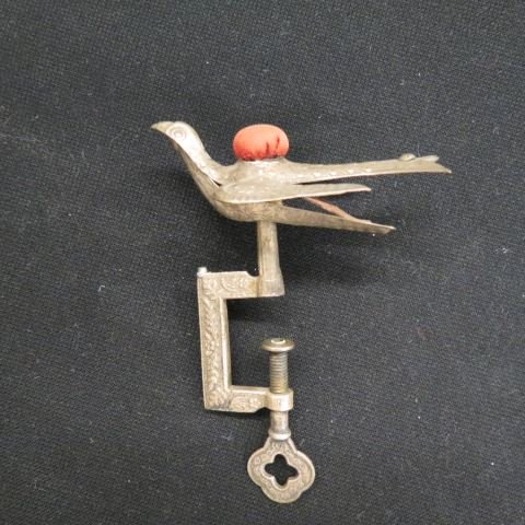 Victorian Sewing Bird,: needle & thread holder, clasp base, circa 1890, 5".