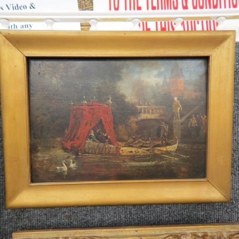 European Oil on Panel,: royality in boat, coming up to castle, figures all around, image area 8" x 12", 19th century, well done.