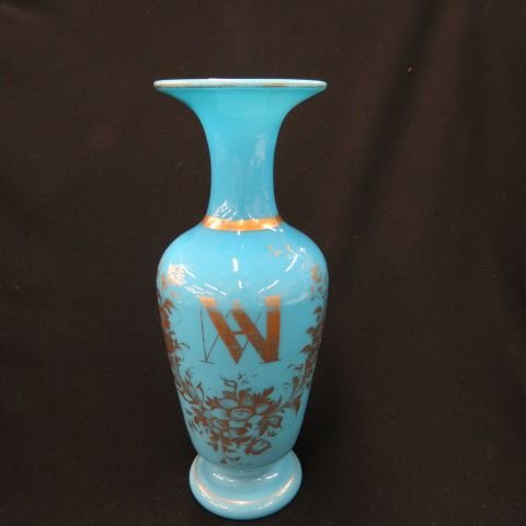 French Blue Opaline Art Glass Vase,: gold decoration, 11" tall.
