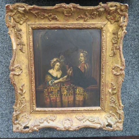 Early Painting on Tin,: young couple, image area 7" x 9", ornate carved & gilt frame.