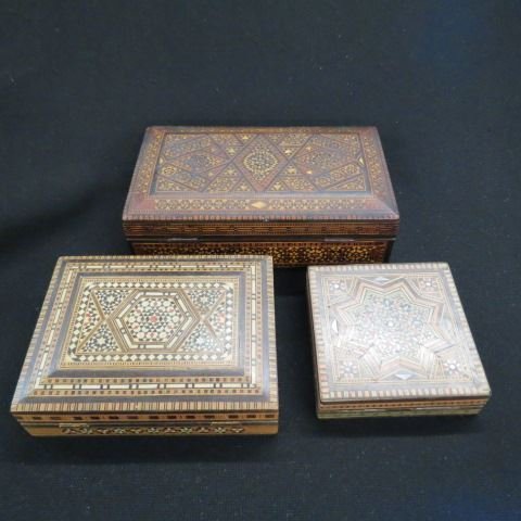 3 Syrian Inlaid Wooden Boxes,: 3 3/4" square up to 4 1/4" x 7 1/4", nice earlier examples.