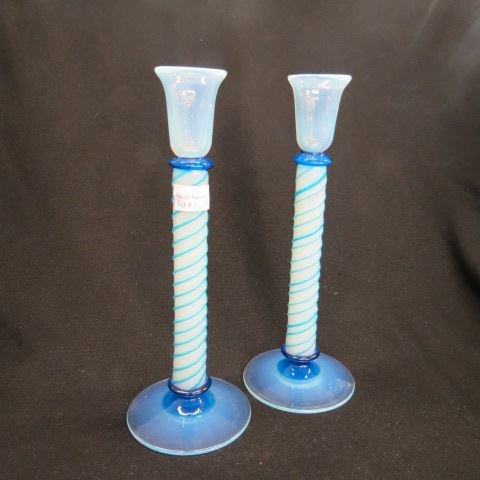 Pair of Opalescent Art Glass Candlesticks,: blue threading & trim, similar to Fry "Foval", 10 1/2", excellent.