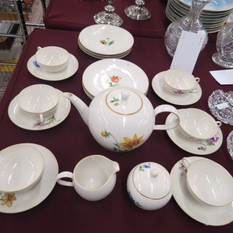 21 pcs. K.P.M. Porcelain Tea or Dessert Service: for 6, each piece with different flowers, gold trim, includes teapot, creamer, sugar, 6-7 1/2" plates and 6 cups & saucers, circa 1910, excellent.