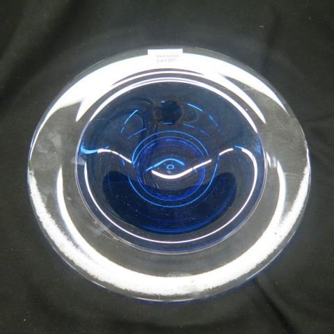 Orrefors Swedish Art Glass Bowl,: rich sapphire blue with clear border, 10 1/2", excellent.