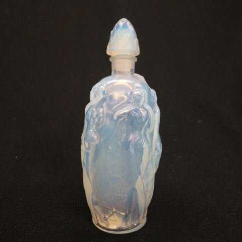 Sabino French Art Glass Perfume Bottle,: five nudes, deco style, opalescent, 6 1/4", signed, excellent....Marius Sabino, an italian born glass artist who moved to France in his early years, started his company in the 1920s. At this time he r