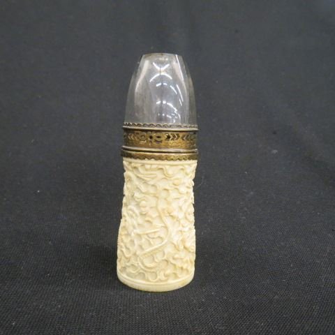 Carved Ivory Perfume Burner Lamp,: elaborate dragon & foliage design, brass burner, original glass globe, circa 1920, 5", excellent.
