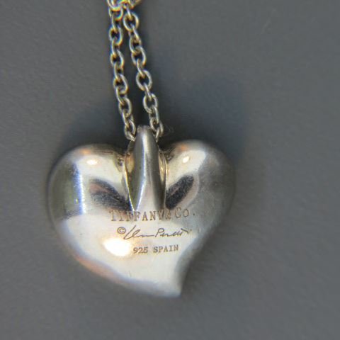 Tiffany Sterling Silver Heart Pendant & Chain,: by Elsa Peretti, 5/8" heart, chain is 16" long.