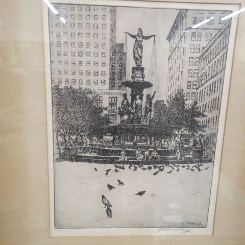 E.T. Hurley, etching, "The Fountain and the: Pigeons", Fountain Square, Cinncinatti, Ohio, original label from Closson Galleries, pencil signed, famous artist also worked at Rookwood Pottery, image area 9" x 12 1/2"...A Cincinnati painter whose