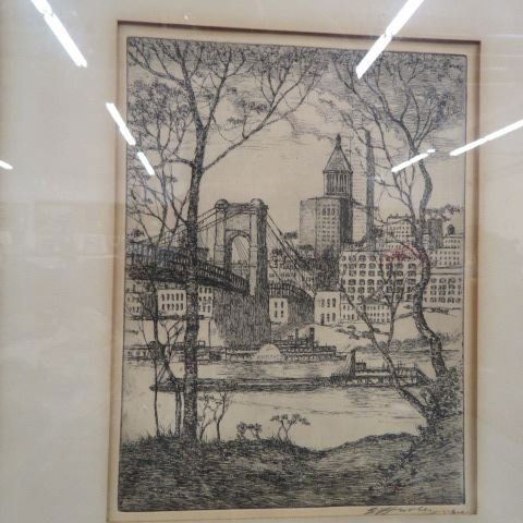 E.T. Hurley, etching, "Ships on the Ohio River",: famous artist also worked at Rookwood Pottery, image area 9" x 12 1/2", pencil signed....A Cincinnati painter whose landscapes and etchings reflected the area where he lived, he was also a decorator f