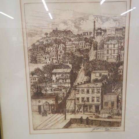 E.T. Hurley, etching "Mt. Adams Incline",: Cincinnati scene, original label from Closson Galleries, famous artist also worked at Rookwood Pottery, image area 9" x 12", pencil signed....A Cincinnati painter whose landscapes and etchings reflect