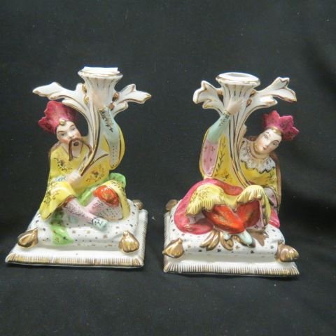 Erphila German Porcelain Figural Candlesticks,: oriental or royality style decor, 8", excellent.