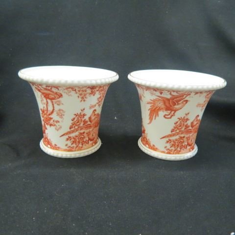 Pair of Royal Crown Derby Bone China Vases,: or Cache Pots, "Red Aves", 1935, excellent, elaborate bird & foliage decor....The Royal Crown Derby Porcelain Company is an oldest or second oldest remaining English porcelain manufacturer, based in D