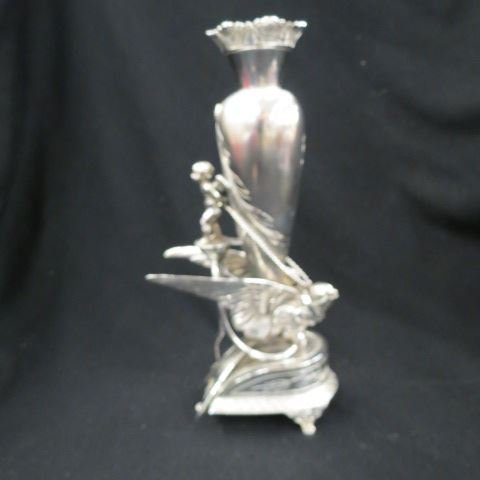 Victorian Silverplate Vase with Figural: cherub having a collar & leash on a bird, circa 1880, 9 3/4", excellent.