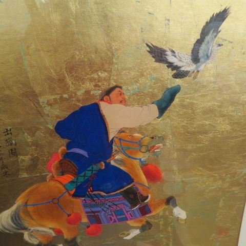 Mou-Sien Tseng, Acrylic on Gold Leaf,: "Hunting with Falcon", Mongolian hunter on horseback, signed with booklet from New Masters Gallery, well listed artist, image area approx. 16" square.