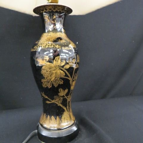 Chinese "Mirror Black" Porcelain Lamp,: gold butterfly & floral decor, 9 1/2" body.