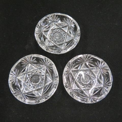 Set of 8 Cut Glass Salt Cellars or Butter Pats,: 2 3/4", brilliant period, feathered star decor, excellent.