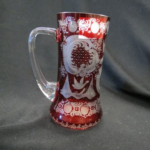 Bohemian Ruby Cut-to-Clear Stein,: 6 1/2", deer, duck & castle decor, excellent.
