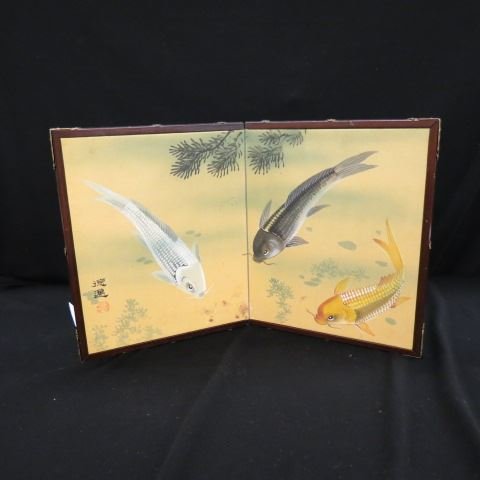 Chinese Handpainted Silk Table Screen with Coy,: wood frame, folding, 12" x 20" (open), signed, excellent.