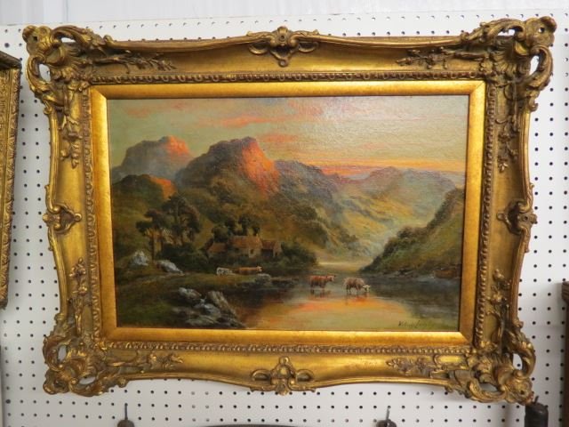 William Langley, oil,: cattle in the stream at sunset, well listed artist, on canvas, image area 24" x 16", in fancy gold frame....William Langley (fl. c. 1880-1920)A prolific landscape painter, primarily in oil, who specia