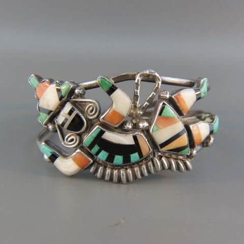 Indian Gemset Sterling Bracelet,: dancer design, cuff style, with coral, turquoise & abalone.