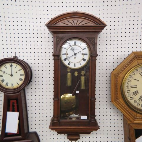Victorian Wall Clock,: 8 day, walnut case, Grand sonnerie strike, 33" tall, not working, needs side glass.