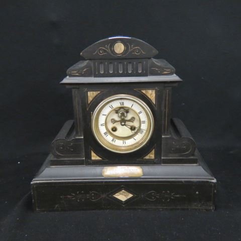 1884 Marble Mantle Clock,: fancy open escapement, Roman numeral dial, inscription plaque "To Principle Warden at H.M. Prison Wadsworth, upon retirement after 25 years of service", 14" x 13" x 6", working.