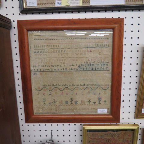 1794 Sampler by Martha Bravery,: 11 years old, with alphabets, numerial, verses & pictoral, 14" x 12".