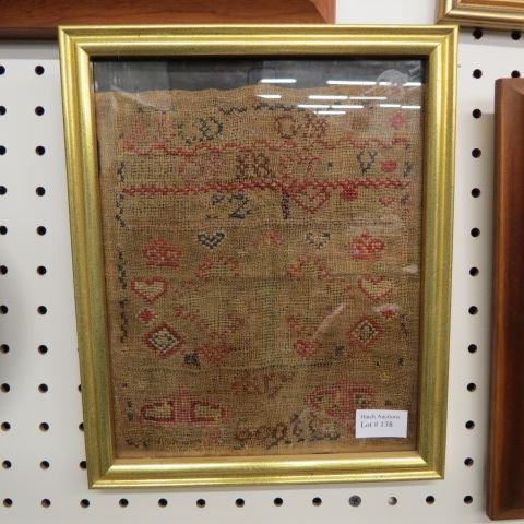 19th Century Sampler,: pictorail & alphabet, 7 1/2" x 9", new frame.