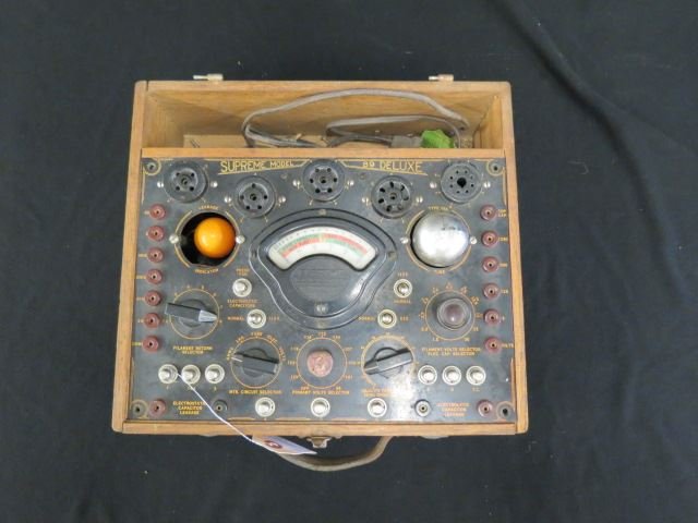 Vintage Radio Tube Tester, "Supreme Model: 89 Deluxe", oak case lacking its cover, 11" x 12".
