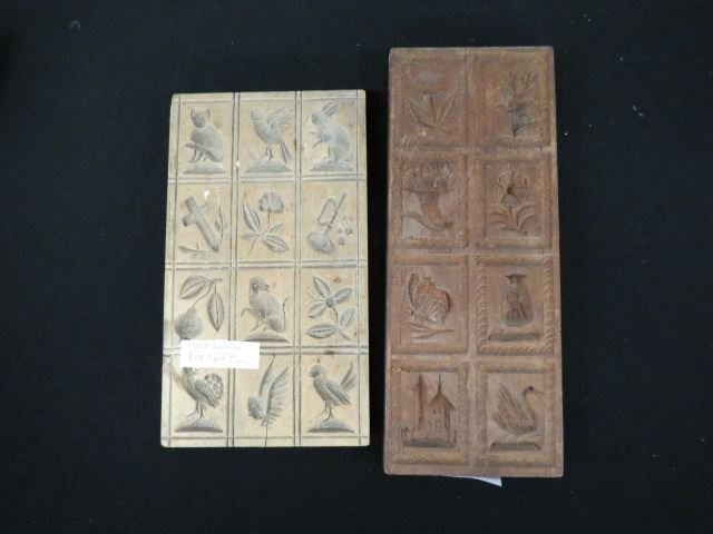 Pair of Antique Carved Wood Cookie Presses,: with birds, flowers, animals & church.
