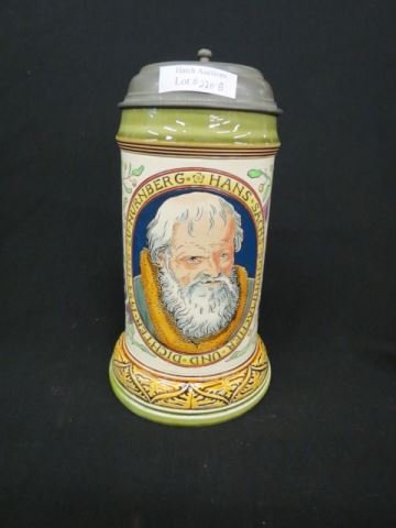 Mettlach Pottery Stein,: etched portrait Hans Sachs, 8 1/2", #2722, 1/2 liter, inlaid top, excellent.