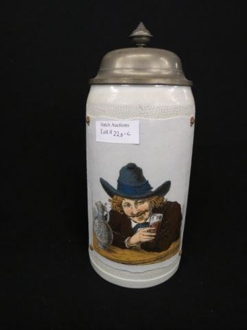 Mettlach Pottery Stein,: etched, man seated at table, signed by Warth, #1642, 1 liter, 9 1/4" tall, excellent.