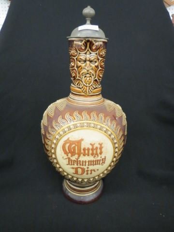 KPM Porcelain Stein,: tankard style fancy medallion, figural face near spout, 14 1/2" tall, excellent.