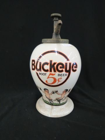 Buckeye Root Beer Soda Fountain Dispenser,: "$.05, dancing pans type figures, 11 1/2" body plus pump, some crazing & staining.