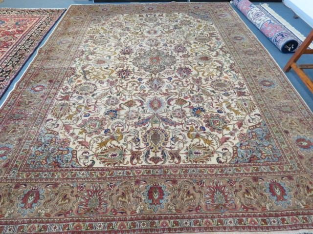 Tabriz Persian Handmade Room Size Rug,: elegant flowering vine, earthtones, mostly browns and ivory, 9'*" X 12'10".