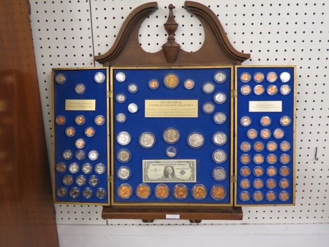 U.S. Coin & Medal Set;: "The Historical United States Coin Collection" by Kennedy Mint, cents through silver dollars, 1907 to 1972 in wall display cabinet.