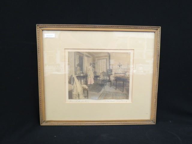 Wallace Nutting Print,: interior scene, "Very Satisfactory", signed, 1916, image area 9 3/8" x 7 3/8".