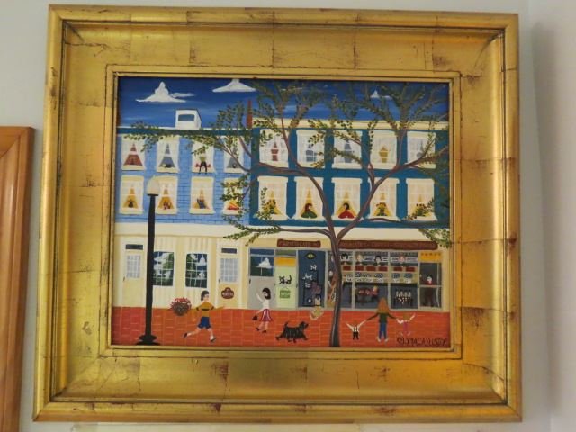 Carol L. Mac Allister, acrylic,: "Saturday Morning Run & Coffee", image area 16" X 20", in fine gold leaf frame.