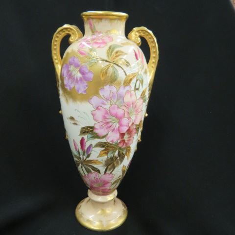 Royal Bonn Handpainted Porcelain Vase,: elaborate floral, raised goldwork & handles, 13" tall, excellentRoyal Bonn is the nineteenth-and twentieth-century trade name used by Franz Anton Mehlem, who had a pottery in Bonn, Germany, from 1836 