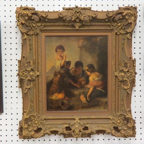 19th Century Oil on Canvas "Dice Players",: continential school, image area 15" x 12" in fancy gold frame (some loss).