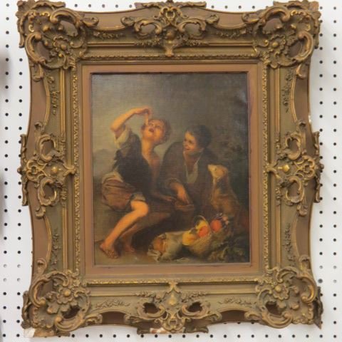 19th Century Oil on Canvas "Melon Eaters",: continental school, image area 15" x 12", in fancy gold frame. (some loss)