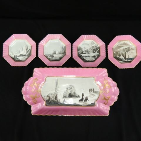 Rare Artic Expedition Porcelain Ice Cream: Set, handpainted scenes with explorers, after the Charles Wilkes Expedition of 1840, probably Old Paris, 8" x 15" tray and 10-6" plates.