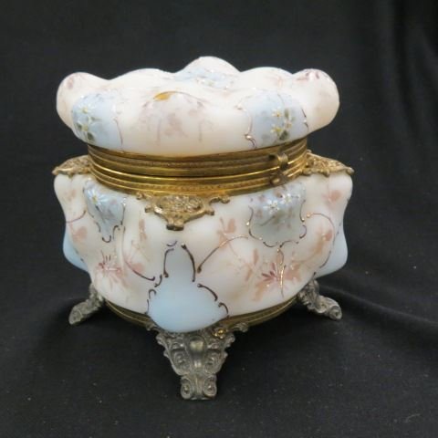 Wavecrest Art Glass Box,: footed, floral & gold on puffy or egg crate shape, 5".