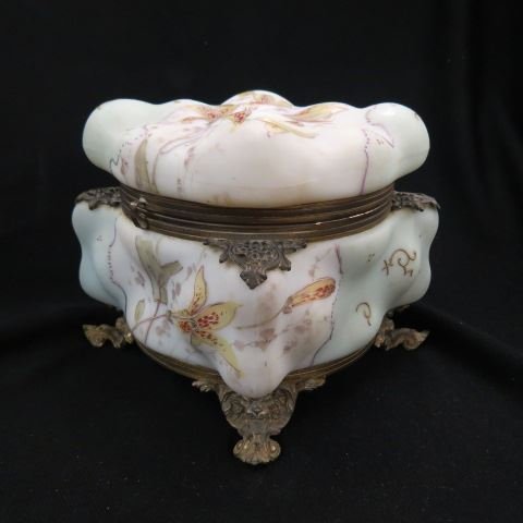 Wavecrest Art Glass Handkerchief Box,: floral on egg crate design, footed, #329-W.S., 7".